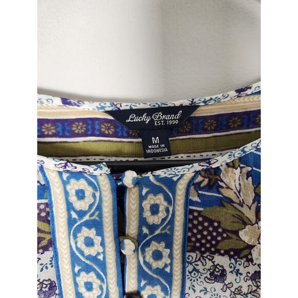 Lucky Brand Savannah Gypsy Boho Peasant Top Blouse Size Medium Blue Floral - Picture 2 of 8